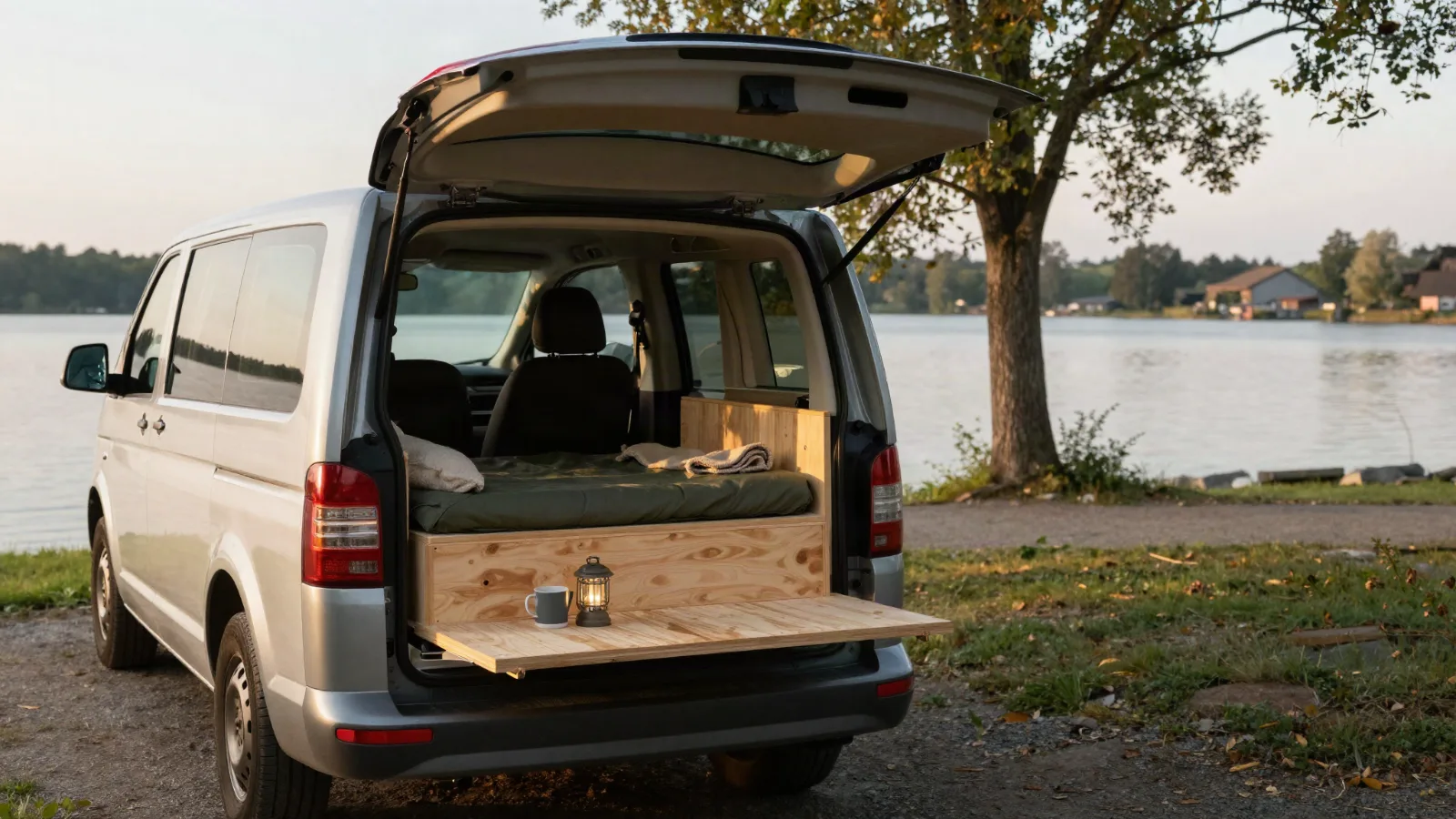 AI-generated image of a small van at a lakeside campsite with a homemade pull-out wooden bed in the open tailgate