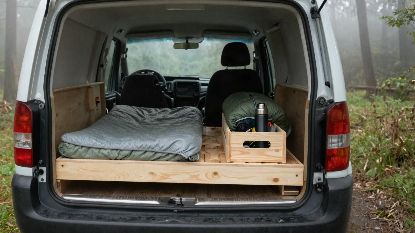 AI-generated image of the open rear of a small van in a misty forest with a wooden pull-out bed