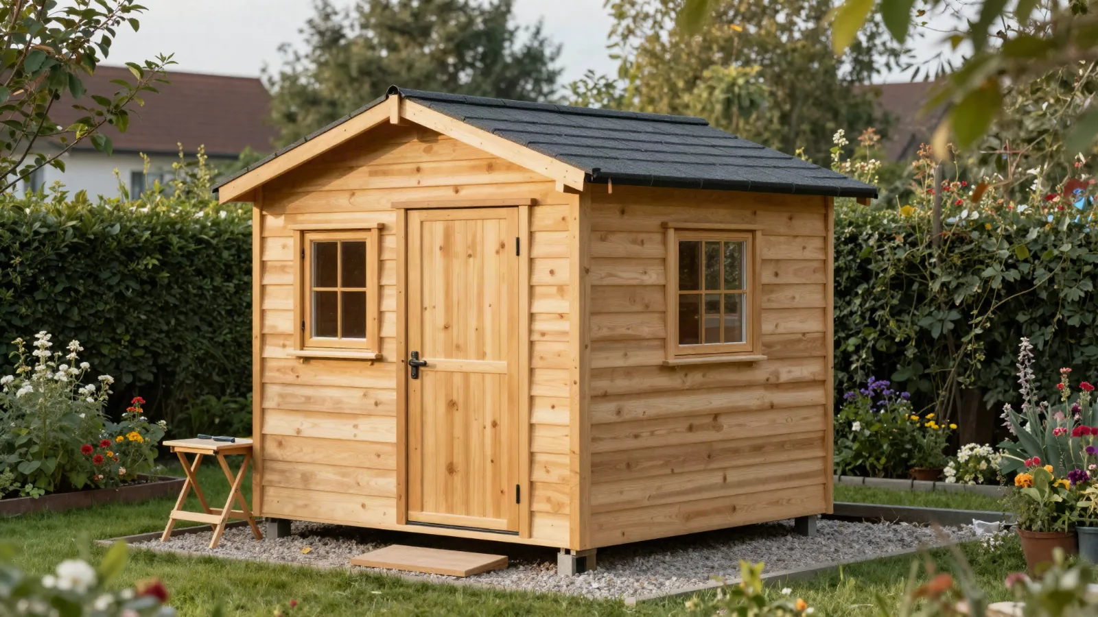 AI-generated image of a small new wooden garden shed with grey shingles in a tidy back garden