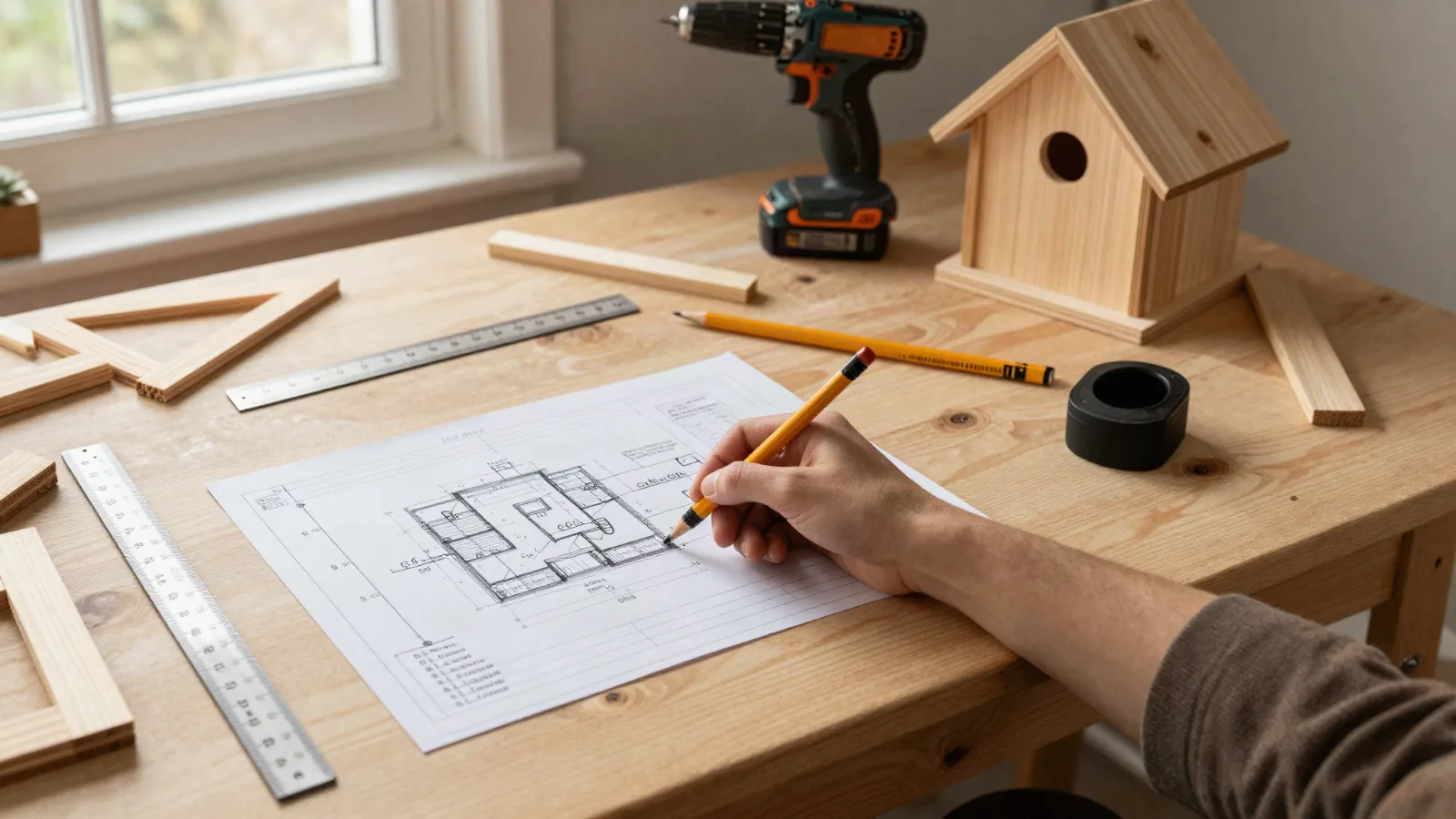 AI-generated image of a workbench with plans, a folding ruler, a drill and a half-built birdhouse